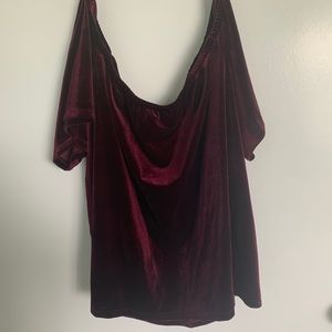 Velvet off the shoulder top in burgundy.